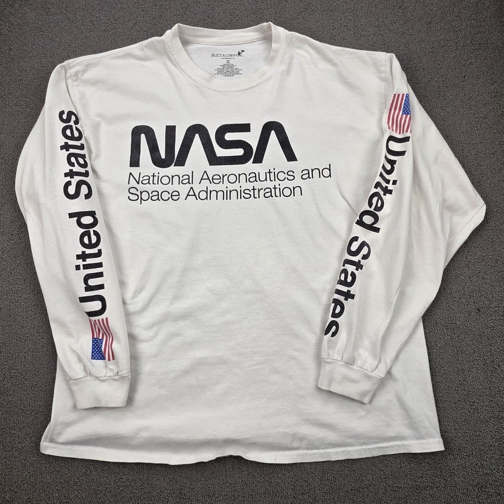 Buzz Aldrin NASA Long Sleeve Graphic Tee White United States Flag Mens XL